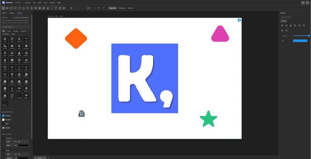 Kirutma editor with vector shapes, assets library, and design panels